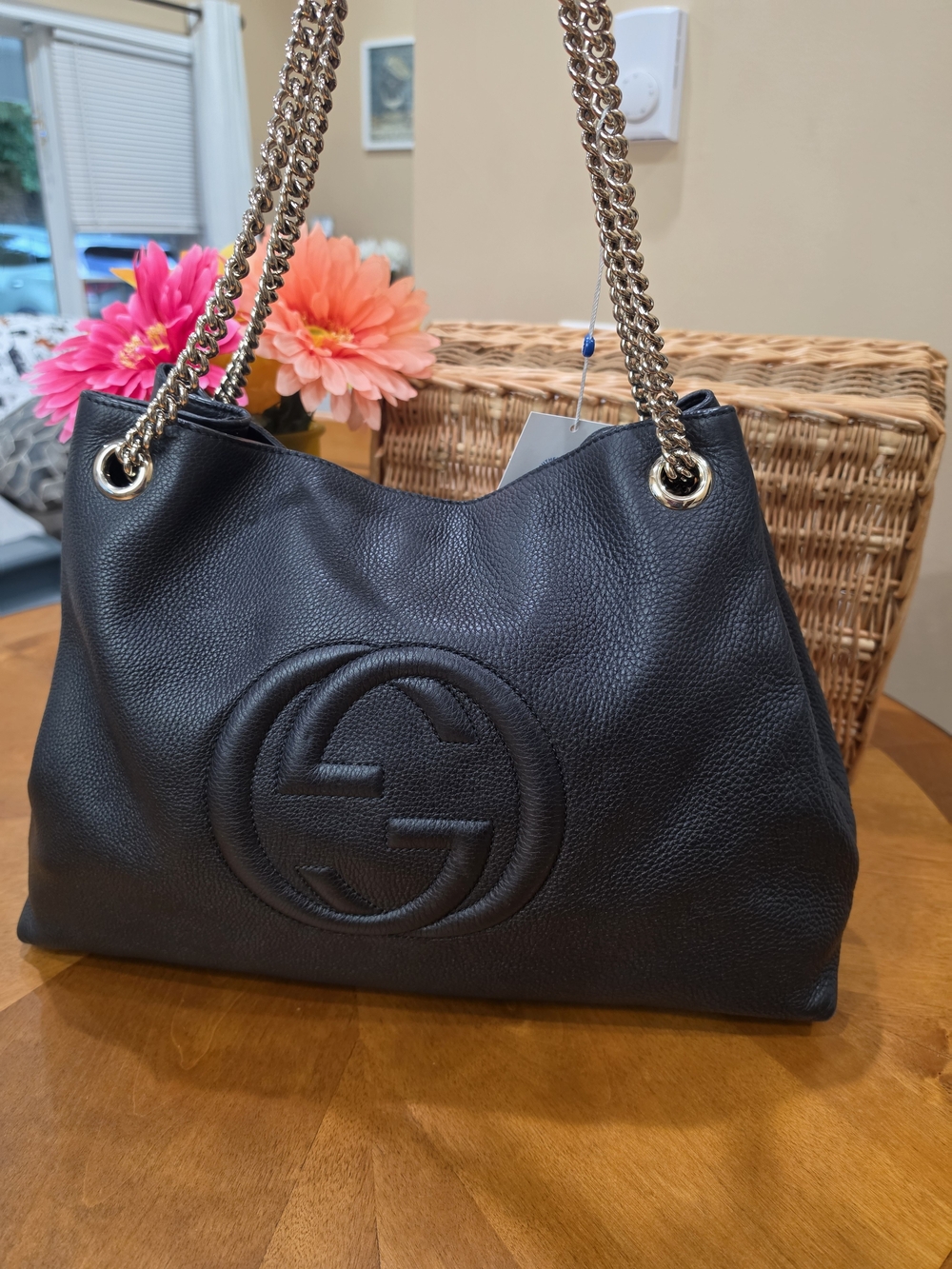 Gucci Soho Large Black Pebbled Leather Bag with Chain Straps